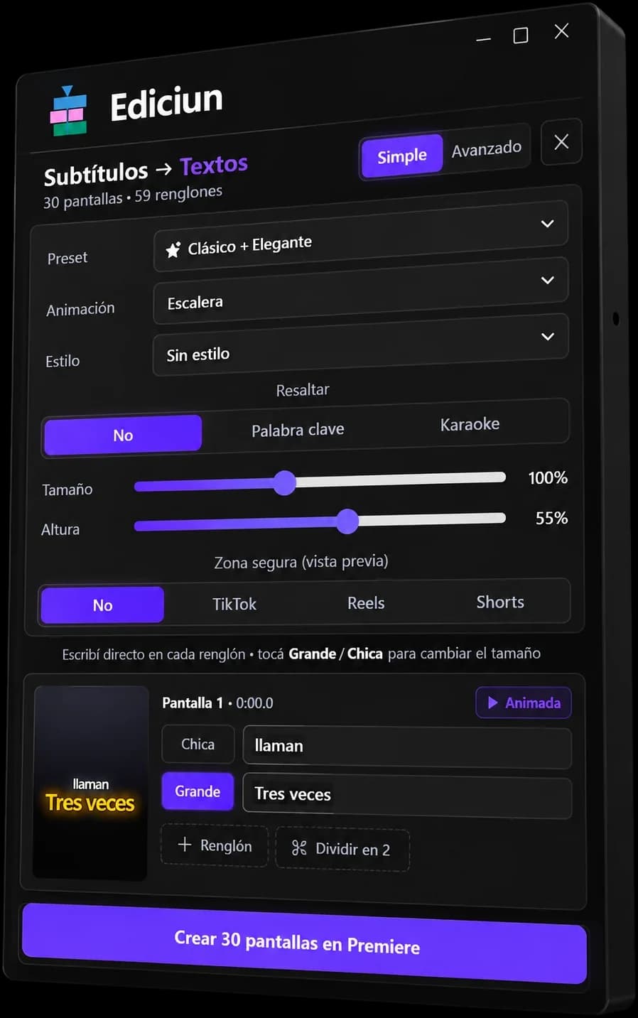 Panel de Ediciun Textos para pasar subtítulos .srt a textos animados, con preset, animación, resaltado, tamaño, altura y zona segura